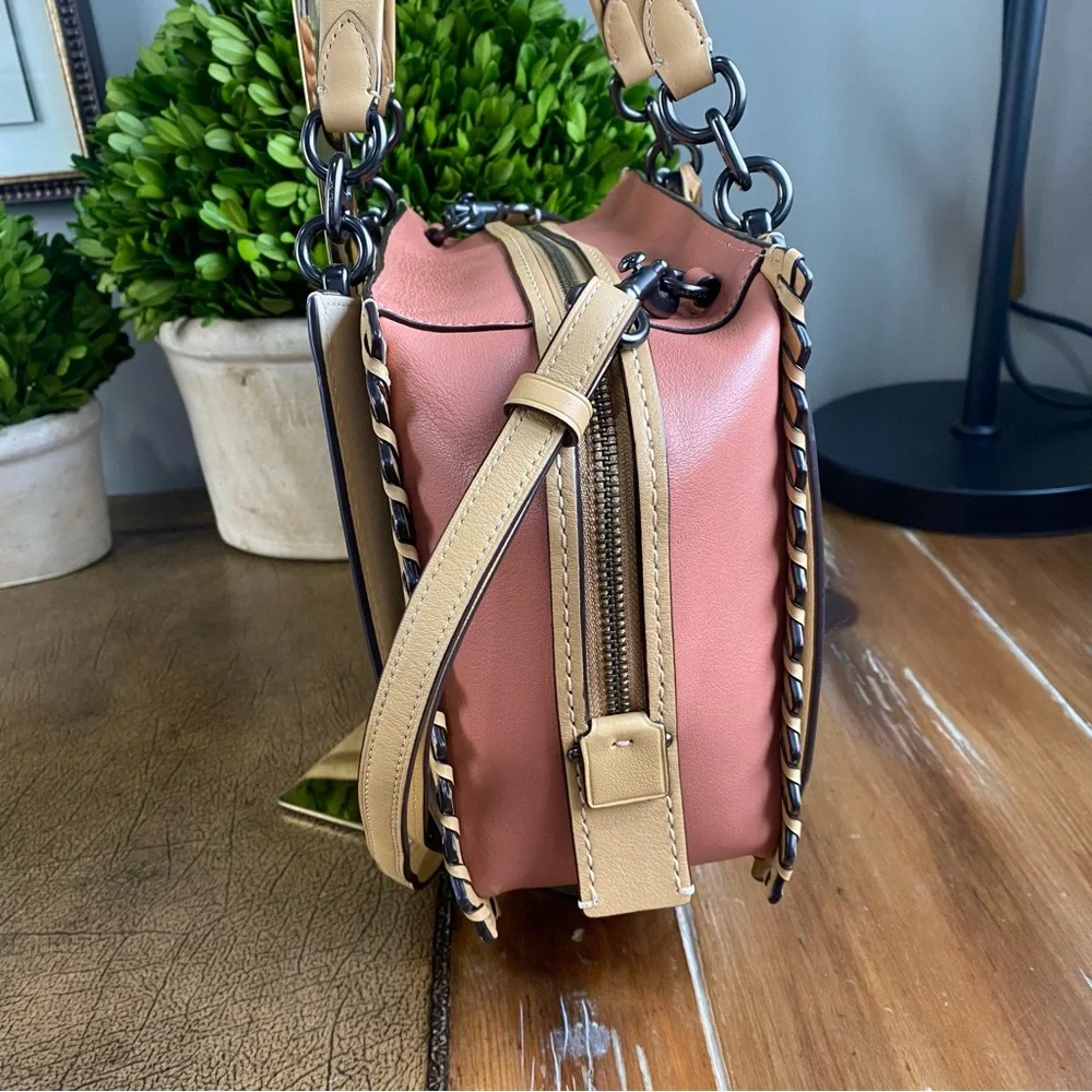 Coach Two-Tone Leather Tote in Cream and Pink with Tan Trim